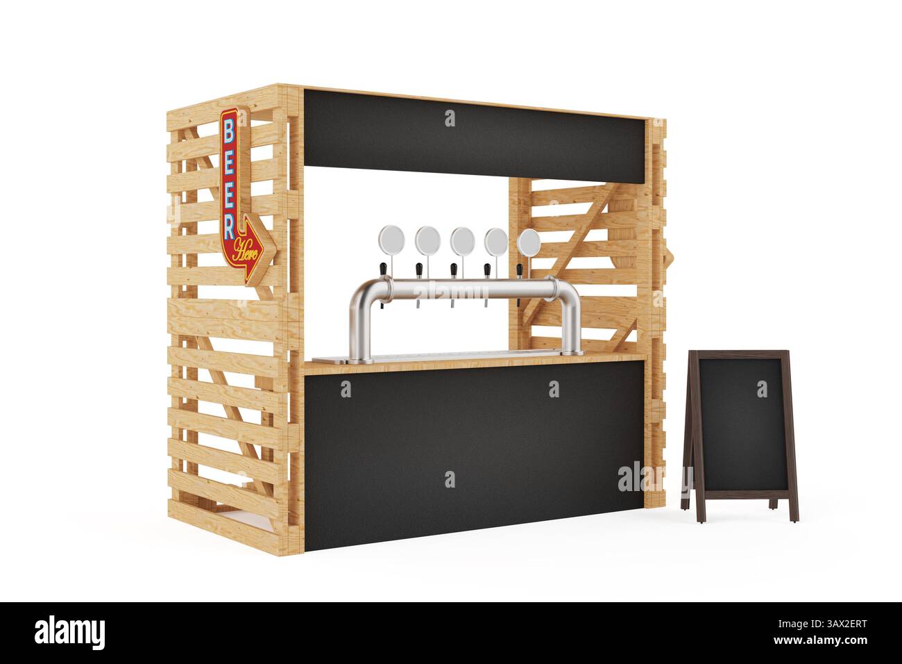 Configuration du bar de rue Rustic Vibe invitante. Kiosque à bière en bois avec robinets en métal et signalisation vierge sur fond blanc. Rendu 3D. Banque D'Images