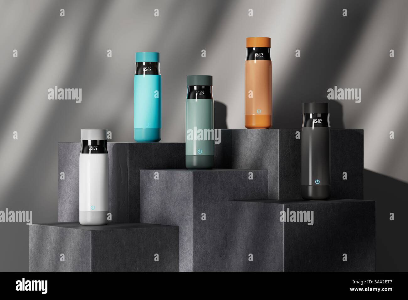 Bouteilles multicolores Smart Thermos modernes avec indicateur de minuterie et bouton de capteur sur un socle en pierre extrême gros plan. Rendu 3D. Banque D'Images