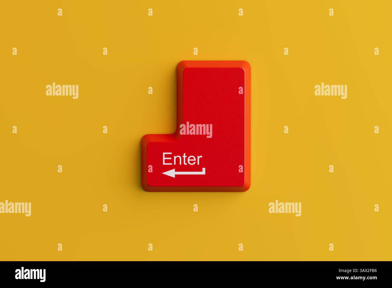 Grand bouton touche entrée rouge du clavier de l'ordinateur sur fond jaune. Rendu 3D. Banque D'Images