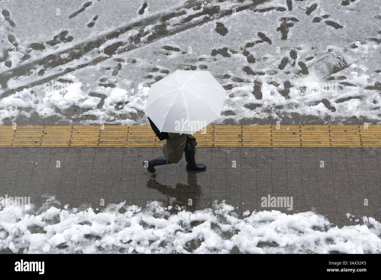 17 janvier 2016 - Tokyo, Japon - la neige est tombée dans certaines parties de l'est et du nord-est du Japon tôt lundi, avec des chutes de neige atteignant 6 centimètres dans le centre-ville de Tokyo et des systèmes de transport perturbés. La neige a temporairement mis à rude épreuve les services de trains à grande vitesse sur la ligne Tokaido Shinkansen et a entraîné la suspension de l'exploitation de trains express limités reliant Tokyo et Nagano et l'annulation de certains vols intérieurs. (Crédit image : © Alessandro Di Ciommo via ZUMA Wire) Banque D'Images