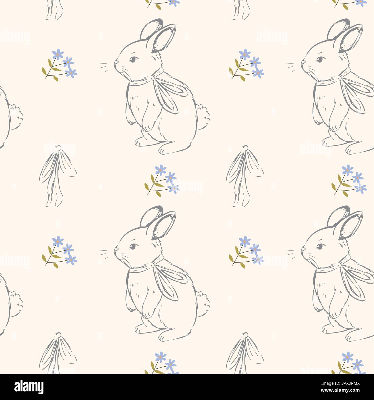 Modèle sans couture avec lapins vintage dessinés à la main et fleurs sauvages bleues sur fond crème doux Illustration de Vecteur