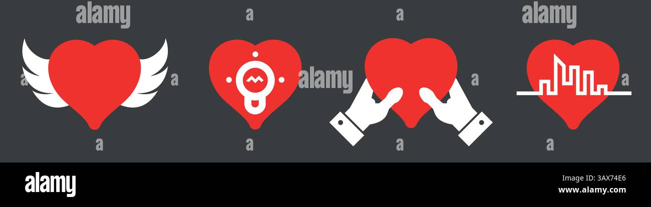 Cœur angélique, talent, idée, donner votre cœur entre vos mains, grande ville. Ensemble d'icônes avec des coeurs. Illustration vectorielle plate isolée sur fond blanc Illustration de Vecteur