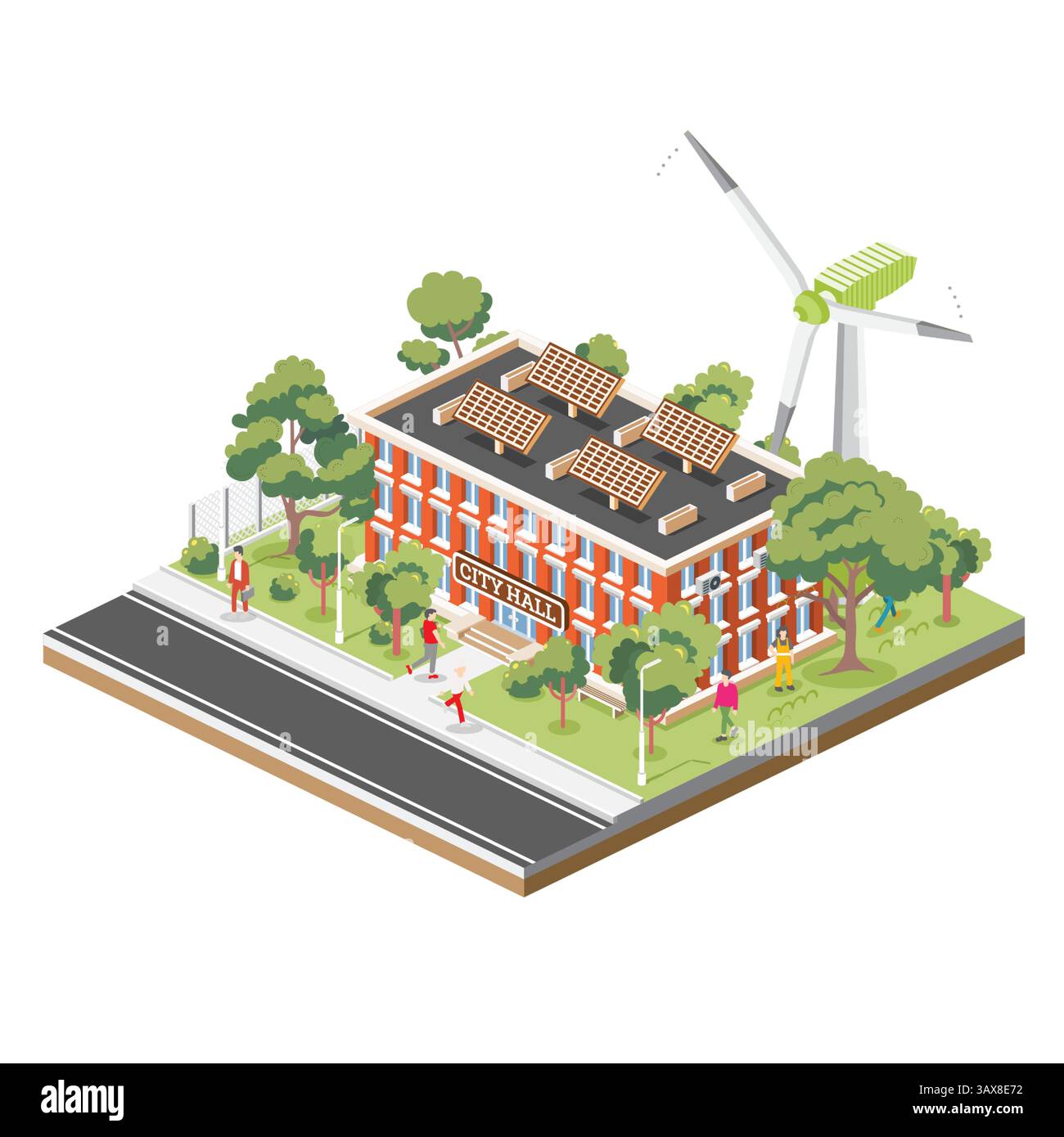 Illustration isométrique d'un hôtel de ville ou d'un bâtiment de la mairie avec panneaux solaires et éolienne. Bâtiment isolé sur fond blanc. Illustration vectorielle Illustration de Vecteur