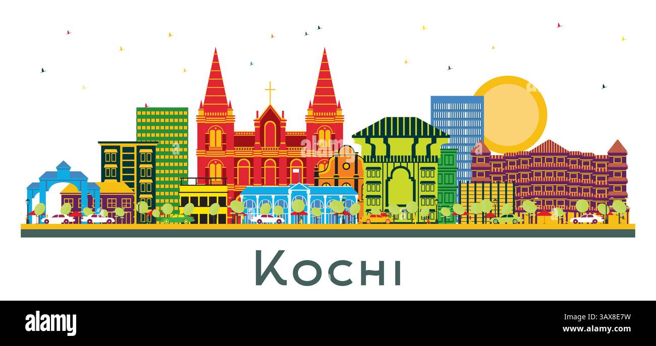 Kochi India City Skyline avec des bâtiments de couleur isolés sur blanc. Illustration vectorielle. Voyage d'affaires et concept de tourisme avec architecture historique. Illustration de Vecteur