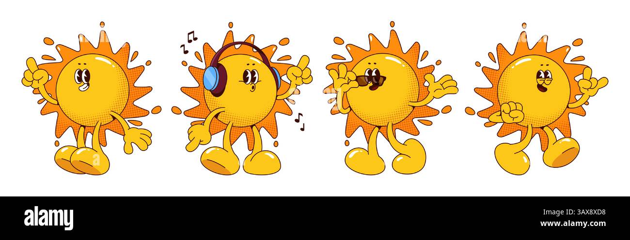 Personnage funky rétro de mascotte du soleil - expressions de visage de dessin animé mignon, grandes chaussures, écouteurs et lunettes de soleil. Émoticônes vintage ludiques montrant une ambiance de fête estivale amusante. Joyeux personnage jaune vif ensoleillé. Illustration de Vecteur