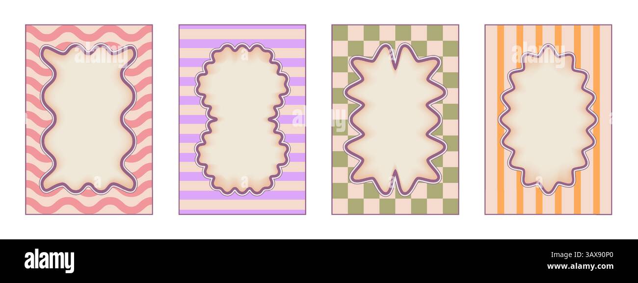 Cadres rétro fixés dans des couleurs pastel isolé sur fond blanc. Illustration de bande dessinée vectorielle de bordures rectangulaires avec un design rayé, à carreaux et wawy pour des affiches rectangulaires, ovales et de forme abstraite Illustration de Vecteur