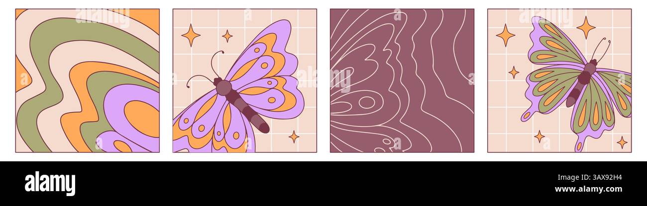 Illustrations vectorielles de papillon rétro groovy - lignes et formes psychédéliques formant des insectes ailés. Éléments de design funky des années 60 ou boho avec des couleurs vintage et des motifs symétriques pour les impressions. Illustration de Vecteur