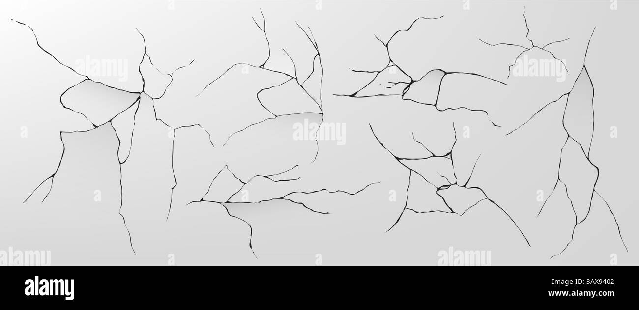 Fissures de tremblement de terre - lignes minces noires avec motif chaotique aléatoire sur fond gris. Texture de surface fissurée, mur cassé, fissures de pierre détruites endommagées, concept de catastrophe de déplacement de plaque tectonique. Illustration de Vecteur