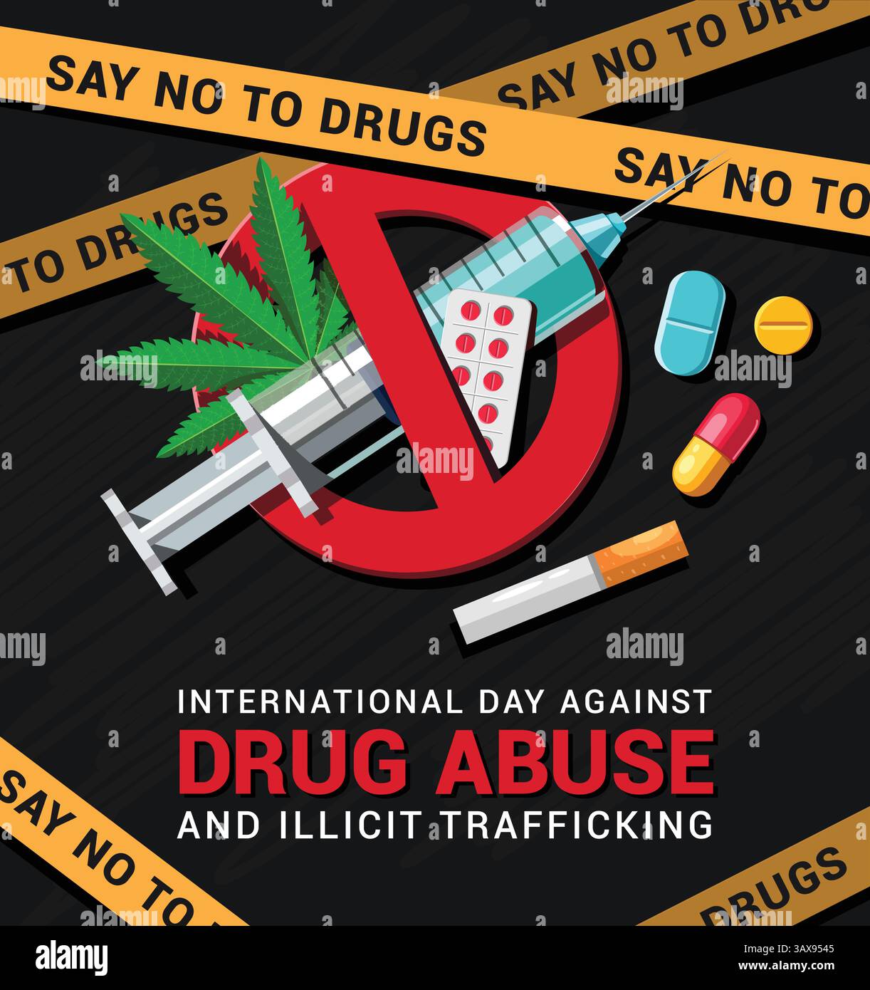 Bannière clipart de la campagne de toxicomanie. Dites non à la drogue clip art affiche pour arrêter la célébration de la journée internationale de la toxicomanie à la médecine illégale dans la bannière noire Illustration de Vecteur