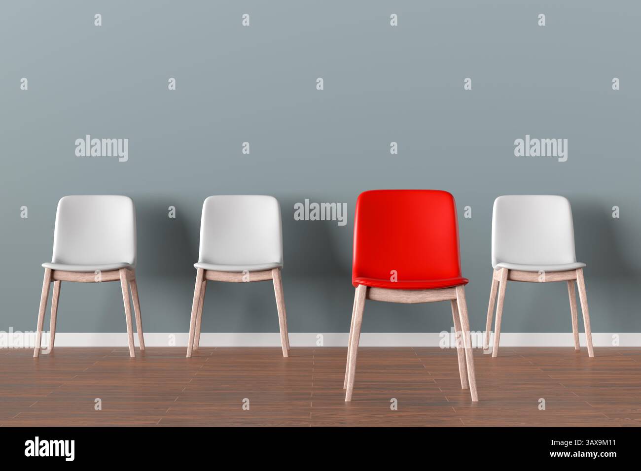 Chaise rouge se démarquant de la foule des chaises blanches dans une salle d'attente, concept de recrutement, d'emploi, de poste vacant ou d'entretien d'embauche. Tendance 3D. Banque D'Images