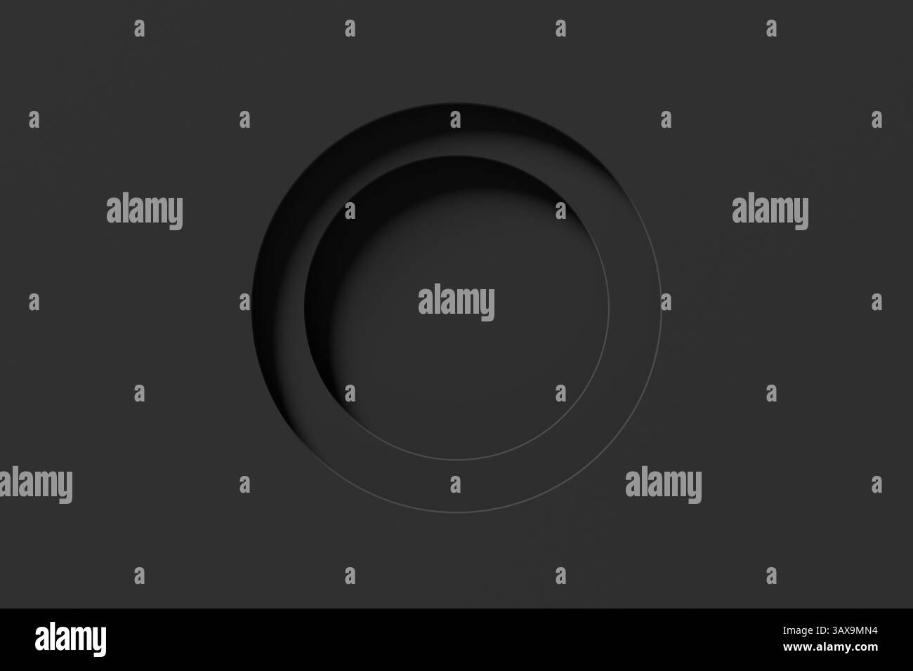 Composition abstraite avec des cercles noirs concentriques créant un effet tunnel sur un fond gris foncé, idéal pour les designs minimalistes Banque D'Images