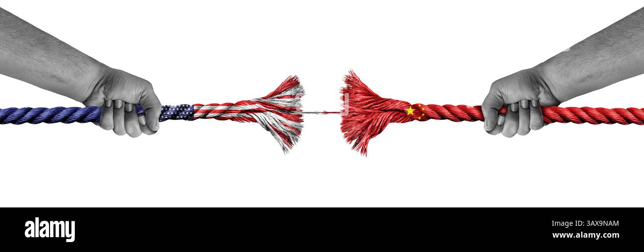 Chine concept de crise diplomatique américain comme une corde brisée représentant le découplage comme une métaphore de la guerre économique commerciale et de la relation politique entre BE Banque D'Images