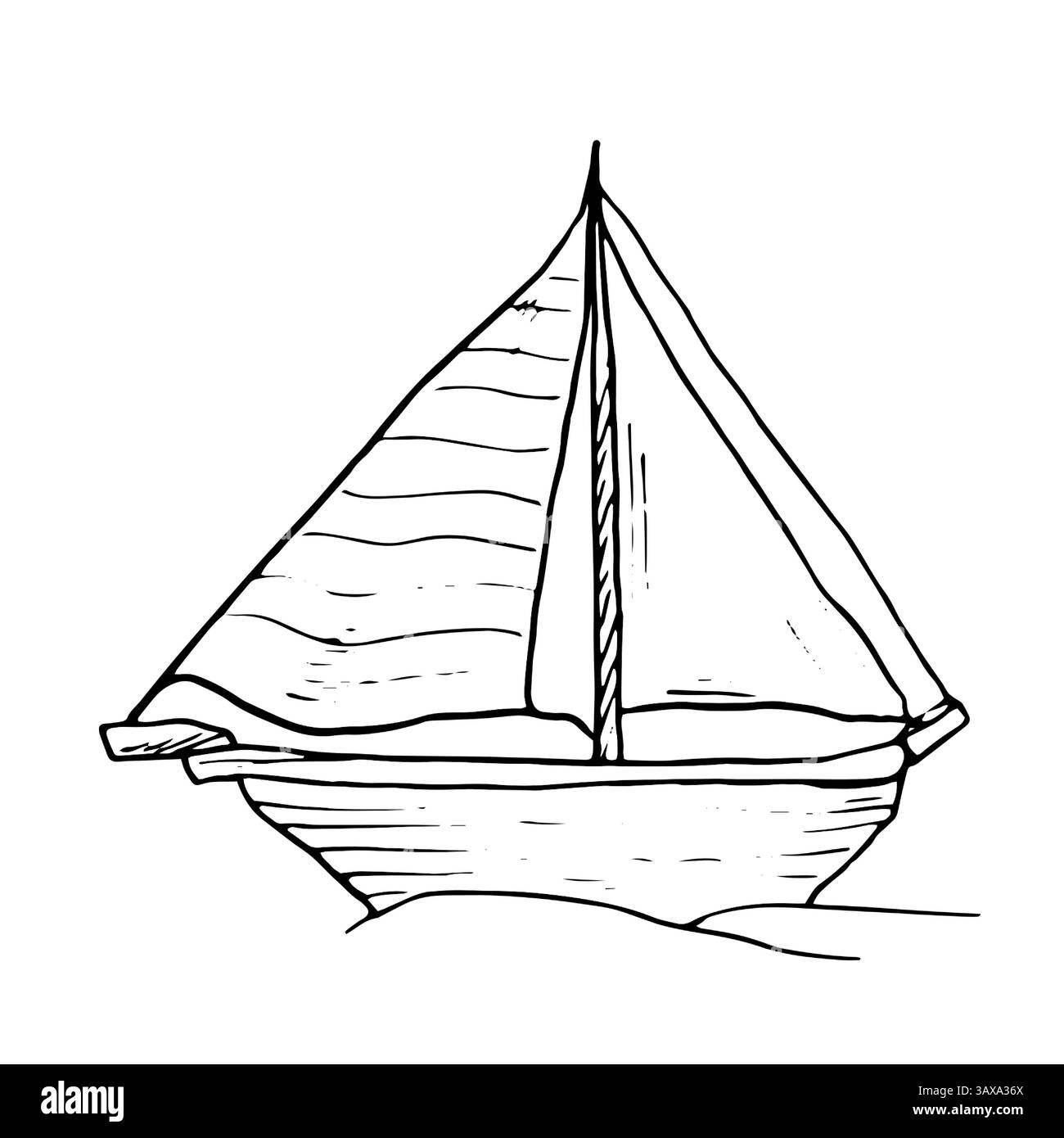 Un navire ou un yacht à voile navigue sur les vagues, un croquis à l'encre noire et blanche. Illustration vectorielle. Un petit voilier pour les loisirs et Illustration de Vecteur