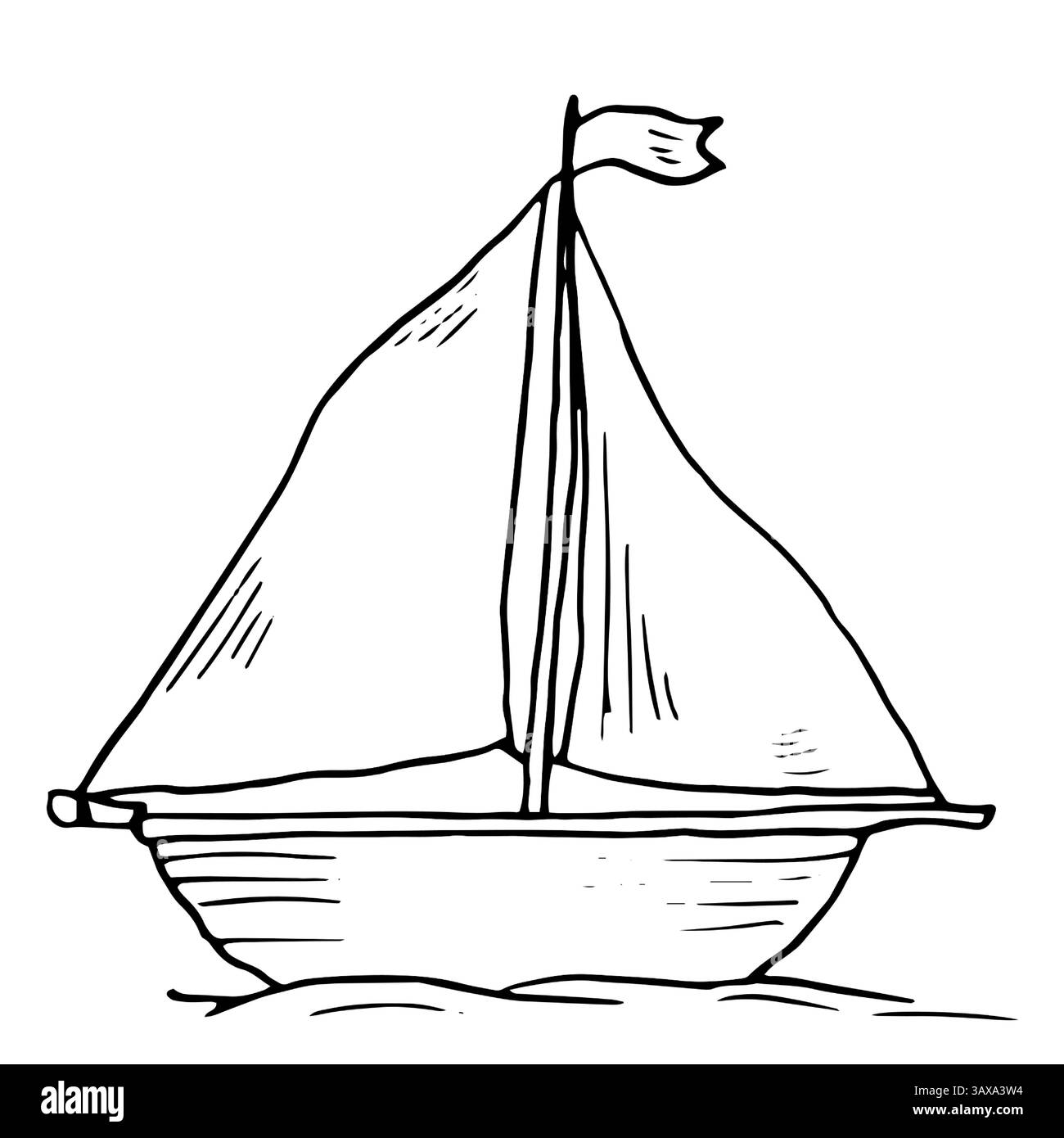 Un navire ou un yacht à voile navigue sur les vagues, un croquis à l'encre noire et blanche. Illustration vectorielle. Un petit voilier pour les loisirs et Illustration de Vecteur