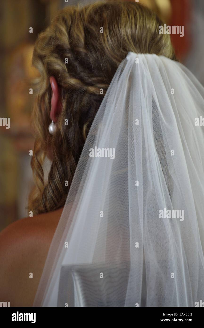Mariée avec Bridal Veil de derrière Banque D'Images