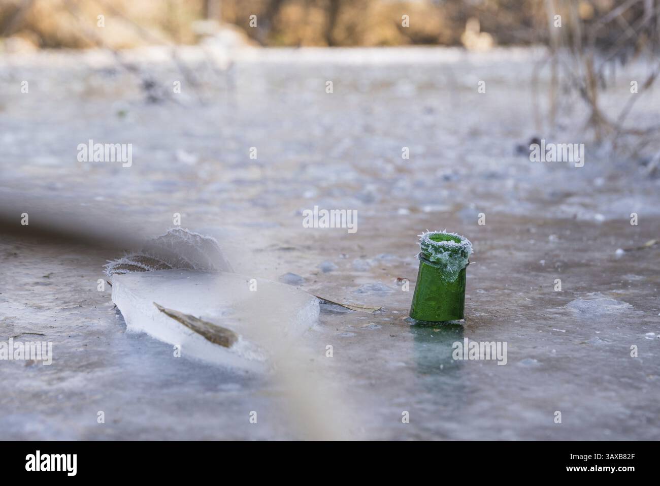 Bouteille verte congelée dans la glace - remarquable comme indicateur de niveau d'eau Banque D'Images