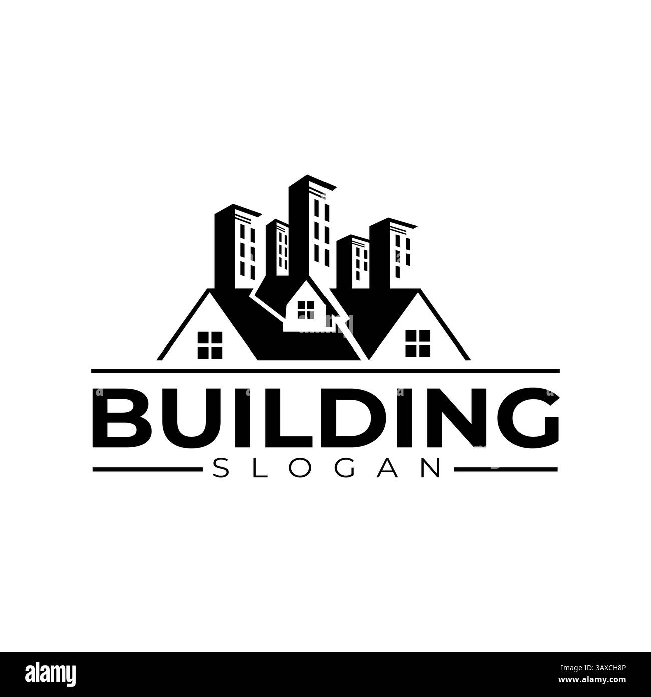 Conception de logo vectoriel comprenant des maisons, des appartements, des bâtiments urbains et des lignes d'horizon. Parfait pour l'image de marque immobilière, le développement urbain, l'architecture ou con Illustration de Vecteur