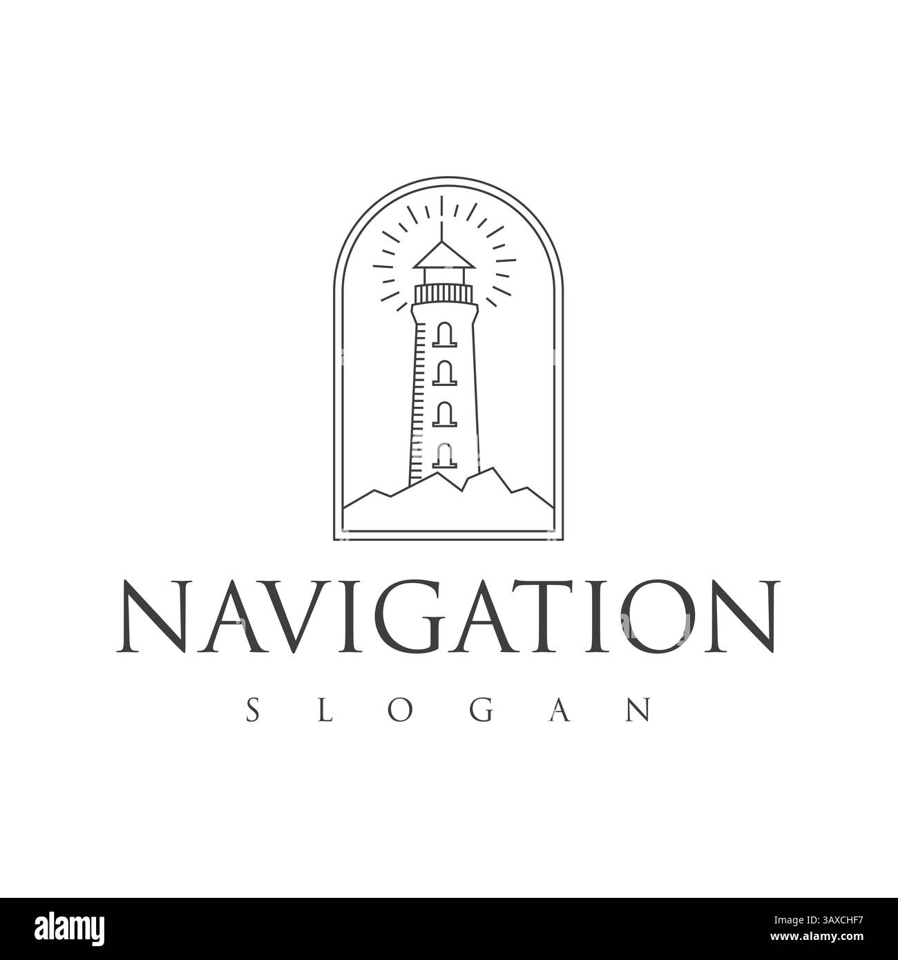 Phare de Hilly Rock avec logo minimaliste de la lumière du soleil pour la sécurité maritime Illustration de Vecteur