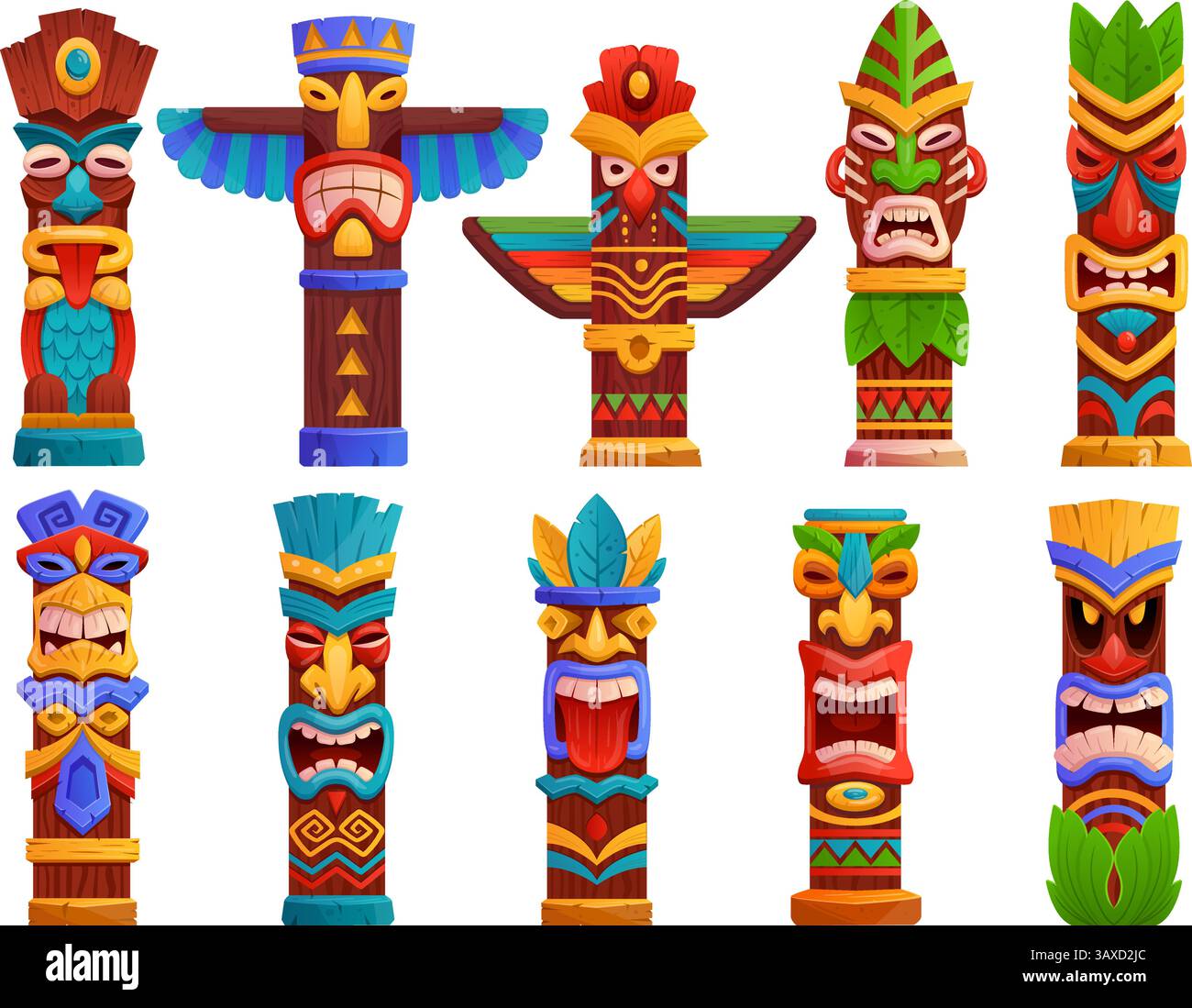 Dessins animés tiki totems. Masque tribal polynésien symboles tikis totem pôle hawaïen, statue en bois de Dieu indien américain natif canada alaska tribu africaine face Tidy illustration vectorielle illustration originale Illustration de Vecteur