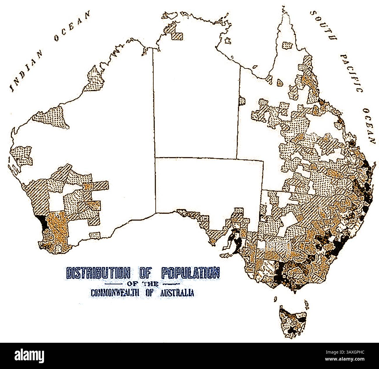 Une vieille carte montrant la population australienne telle qu'elle était en 1914 (l'obscurité de l'ombrage indique la densité de la population) Banque D'Images