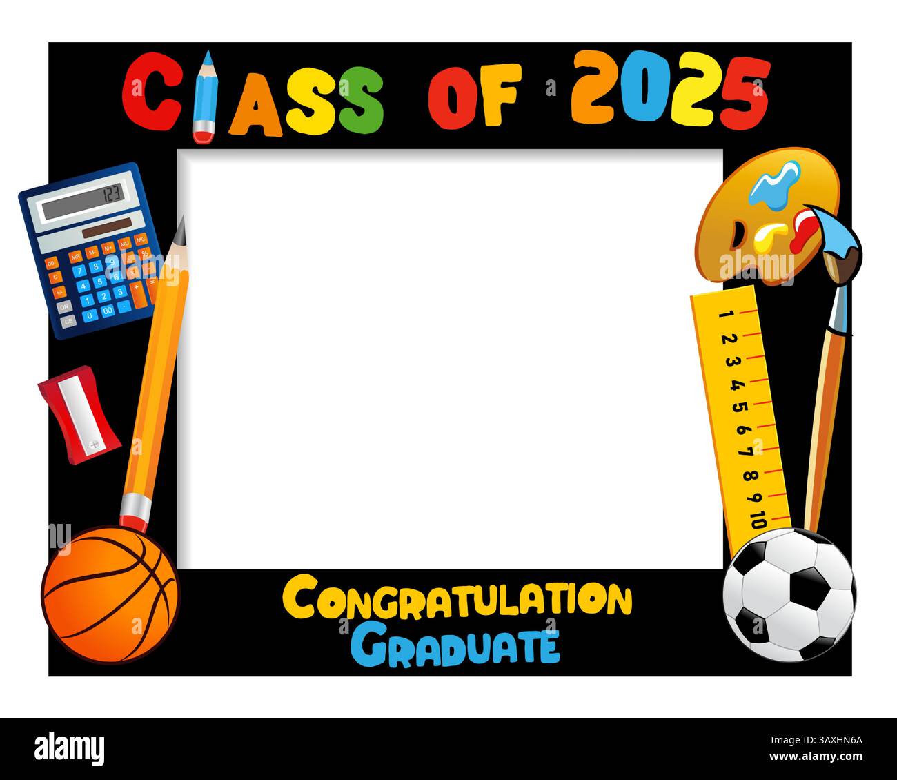 Classe de 2025, conception créative de cadre photo pour cabine. Félicitation concept de graduation pour l'album de lycée ou d'université avec des fournitures scolaires Illustration de Vecteur