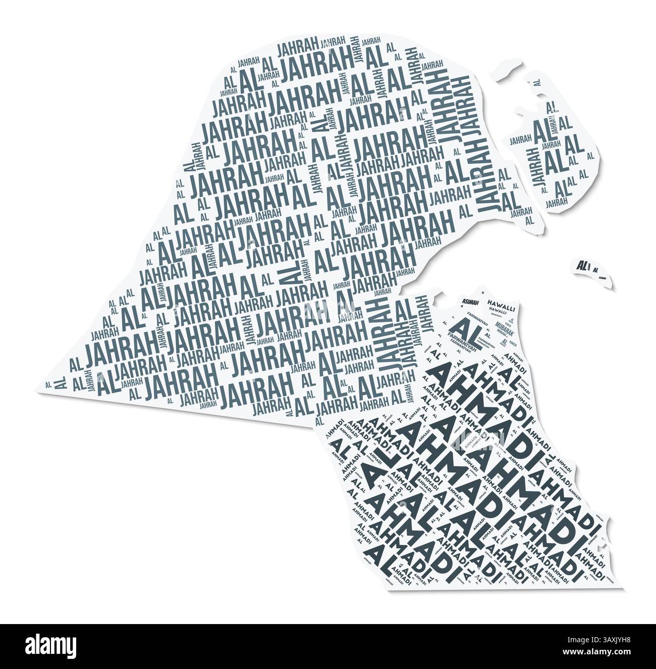 Nuage de texte de forme Koweït. Frontière de pays avec ombre sur fond blanc. Koweït avec division des régions dans le style vintage gazette. Illustration de Vecteur