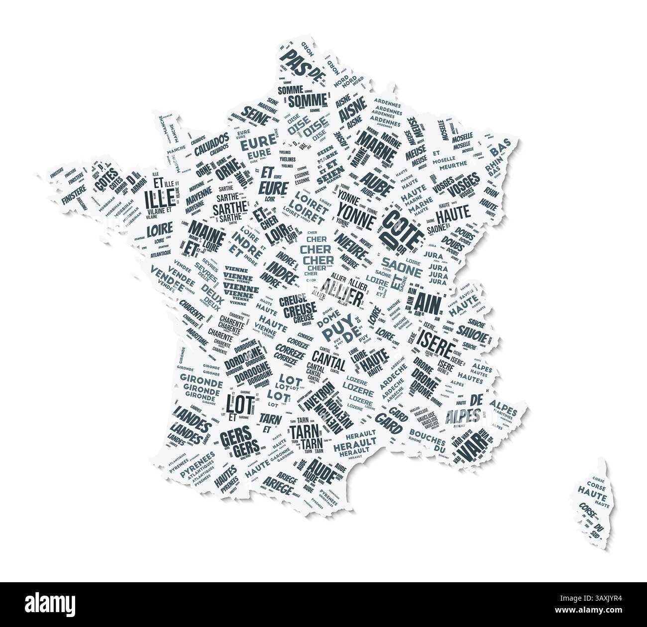 Nuage de texte de forme France. Frontière de pays avec ombre sur fond blanc. France avec division des régions dans le style vintage gazette. Illustration de Vecteur