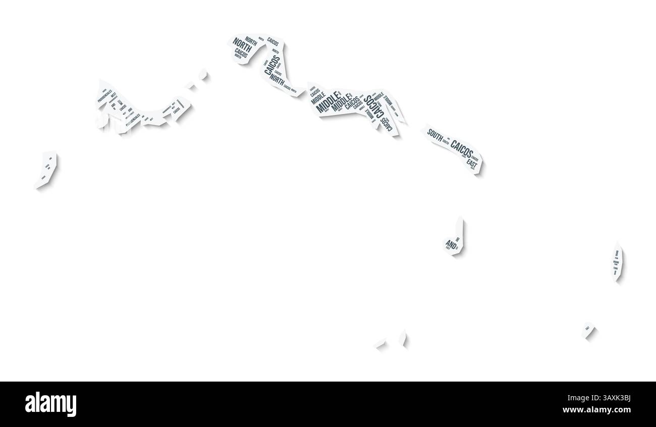 Les îles Turques et Caïques forment un nuage de texte. Frontière de pays avec ombre sur fond blanc. Illustration de Vecteur