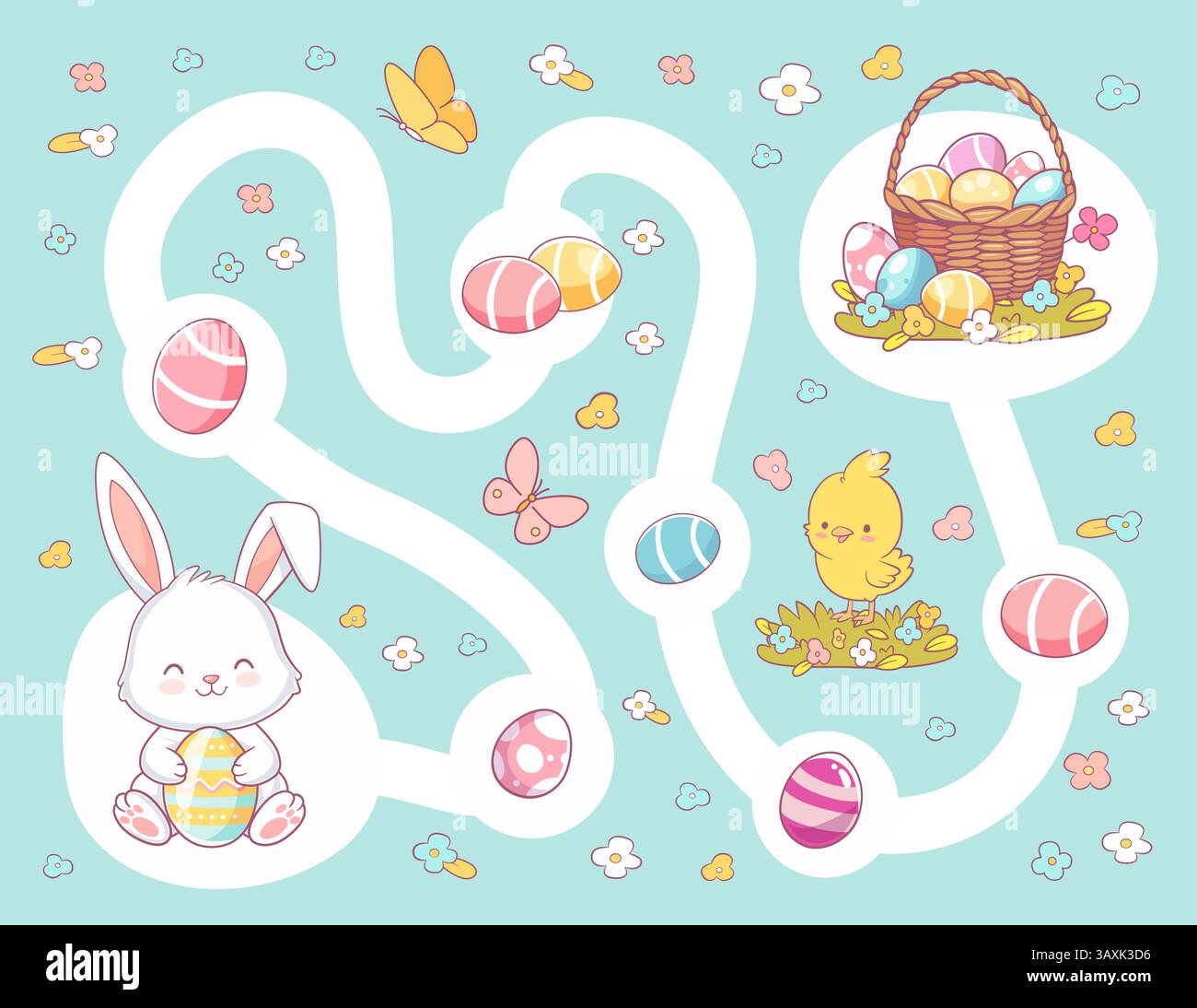 Illustration vectorielle d'un jeu de labyrinthe de Pâques mignon pour les enfants. Un lapin tenant un oeuf doit suivre le chemin correct à travers une piste d'oeufs de Pâques à rea Illustration de Vecteur