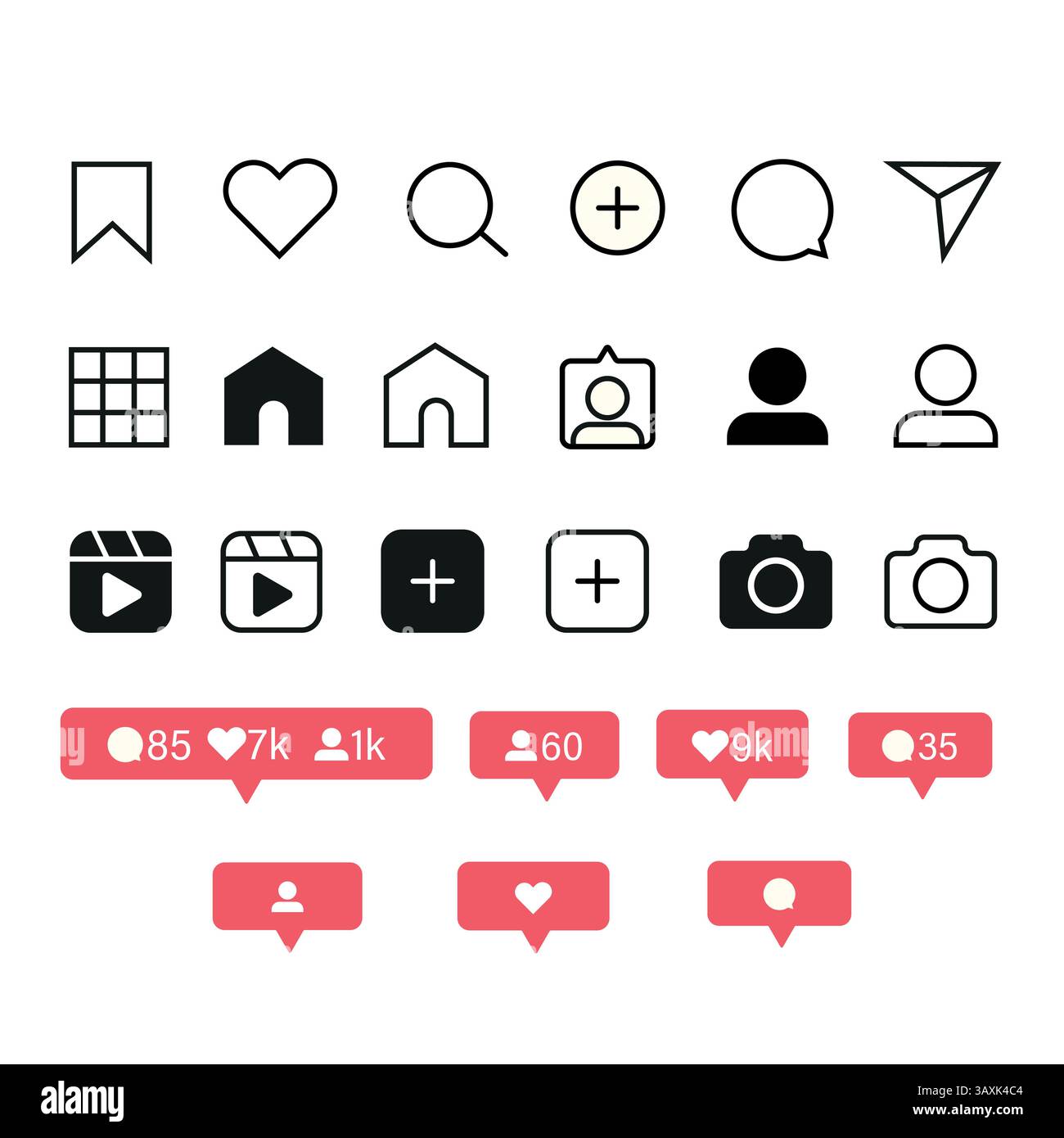 Médias sociaux Instagram avec boutons d'interface, lignes et icônes pleines : maison, appareil photo, commentaire, recherche, appareil photo, coeur, genre, histoire d'utilisateur. Illustration de Vecteur