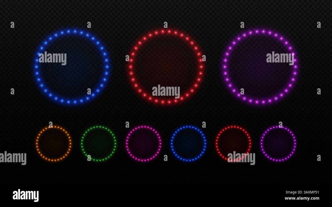 Cadre néon cercle lumineux avec ampoules. Lampes rétro autour de la frontière pour le cinéma, le cirque et le casino. Vector LED défini sur fond noir. Illustration de Vecteur