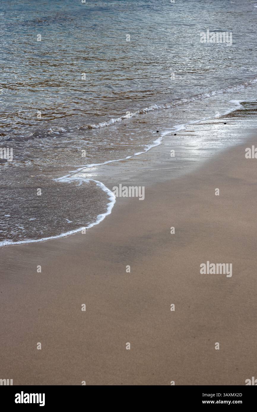 Plage de sable en début de soirée, lorsque le soleil est bas. Ligne de la marée et reflet du soleil, du ciel et des nuages. Playa del Cabron, Las Palmas, G. Banque D'Images