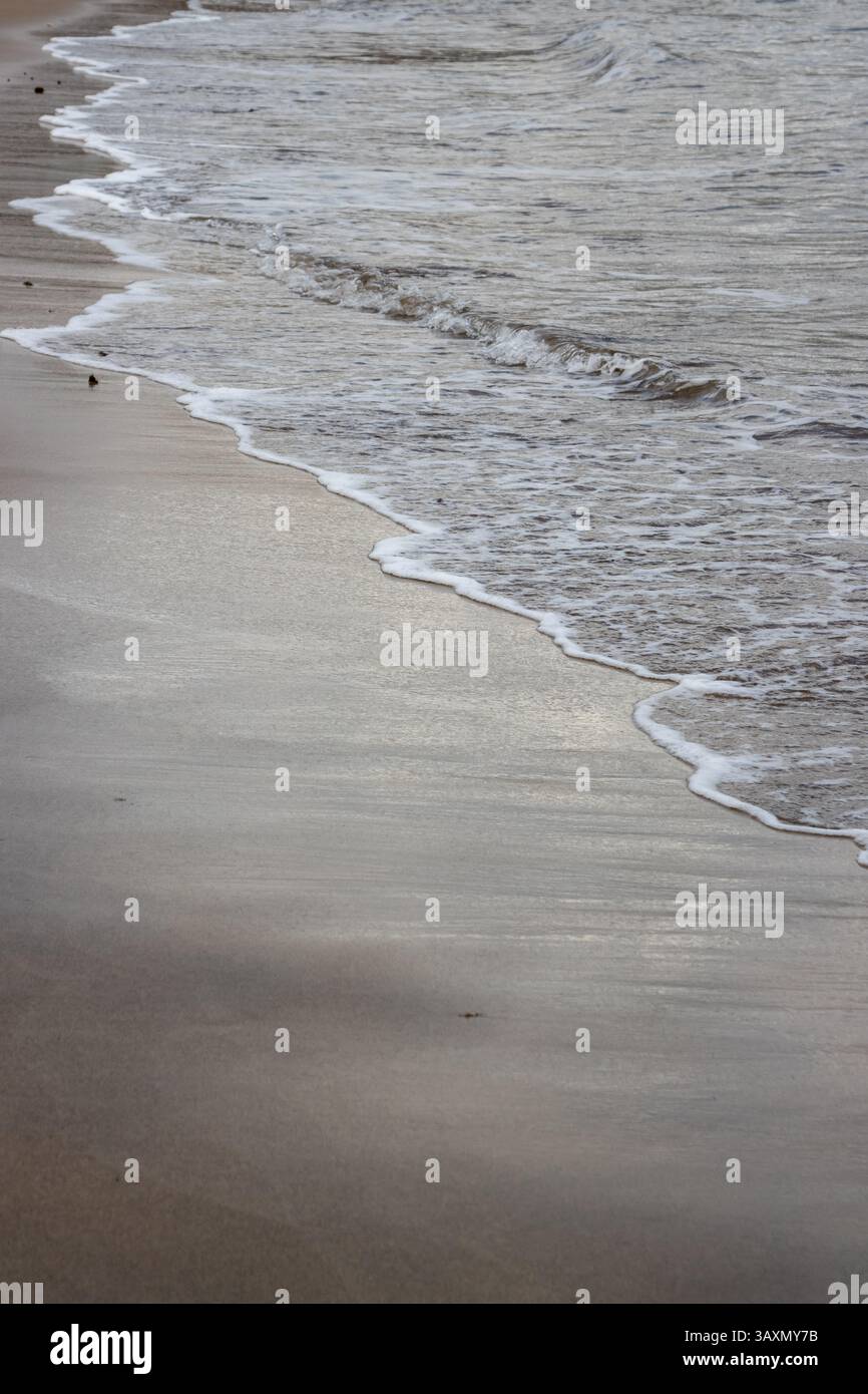 Plage de sable en début de soirée, lorsque le soleil est bas. Ligne de la marée et reflet du soleil, du ciel et des nuages. Playa del Cabron, Las Palmas, G. Banque D'Images