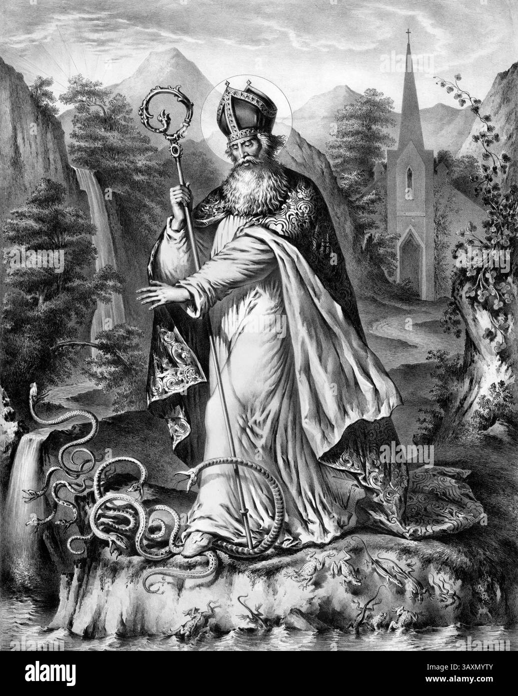 Saint Patrick. Illustration du Saint patron de l'Irlande et évêque chrétien, St Patrick, débarrassant l'Irlande des serpents, lithographie de S. Merinsky d'une peinture de Henry Brueckner, 1872 Banque D'Images