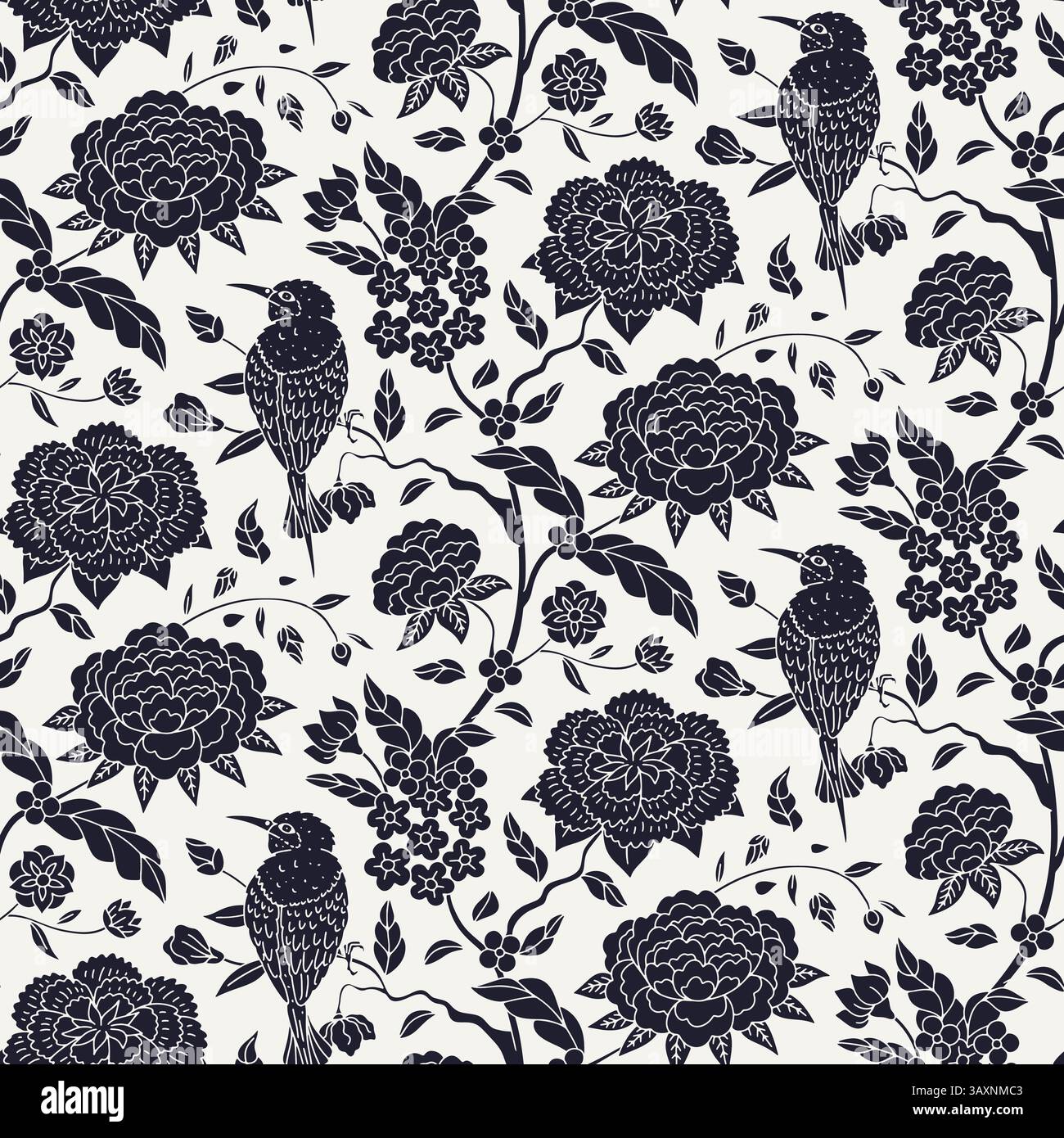 Modèle sans couture avec chinoiserie monochrome noir et blanc fleurs dessinées à la main et silhouettes d'oiseaux. Papier peint floral avec style chinois à la traîne Illustration de Vecteur