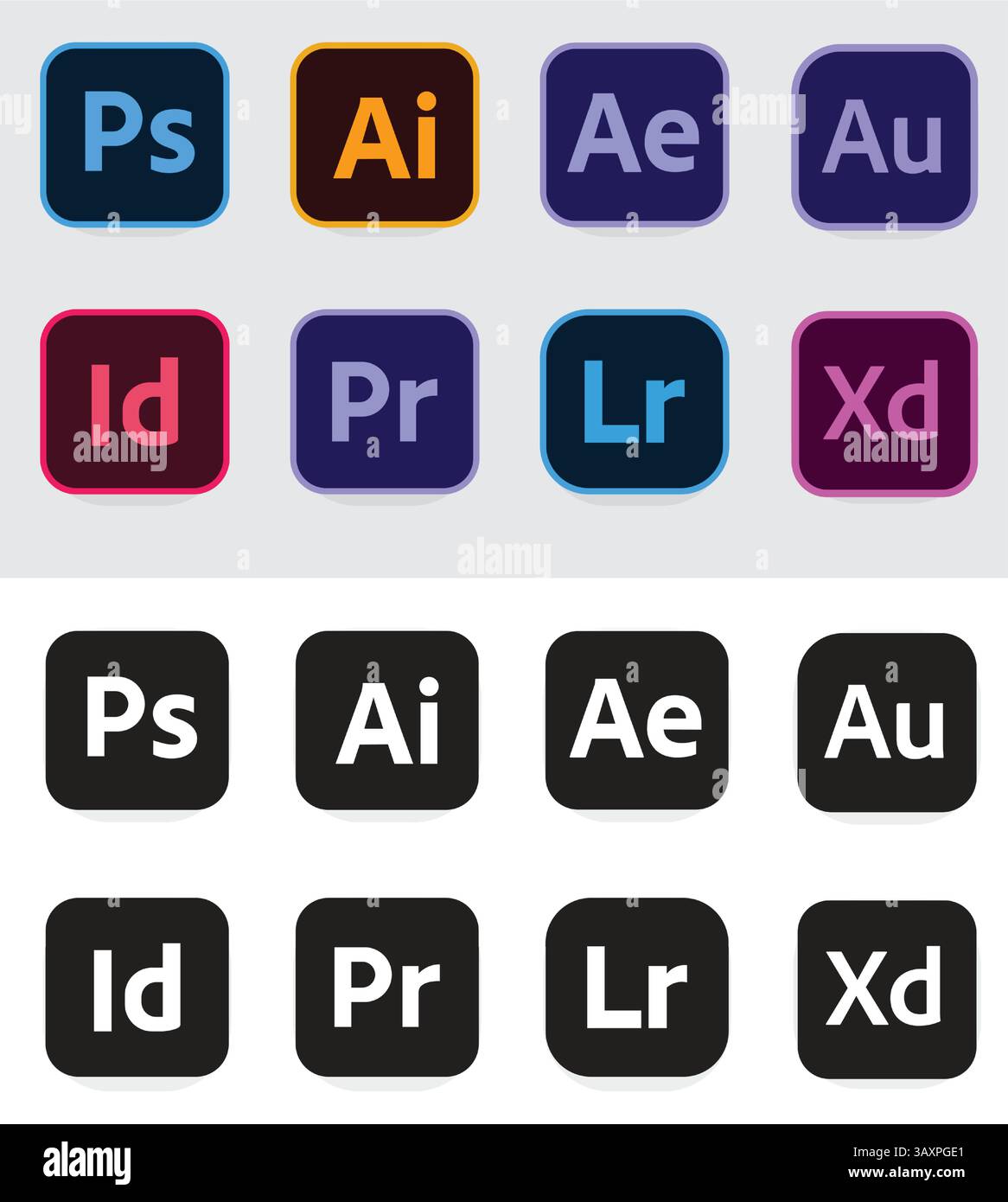 Adobe toutes les icônes, Illustrator, Photoshop, After Effect, noir et blanc Illustration de Vecteur