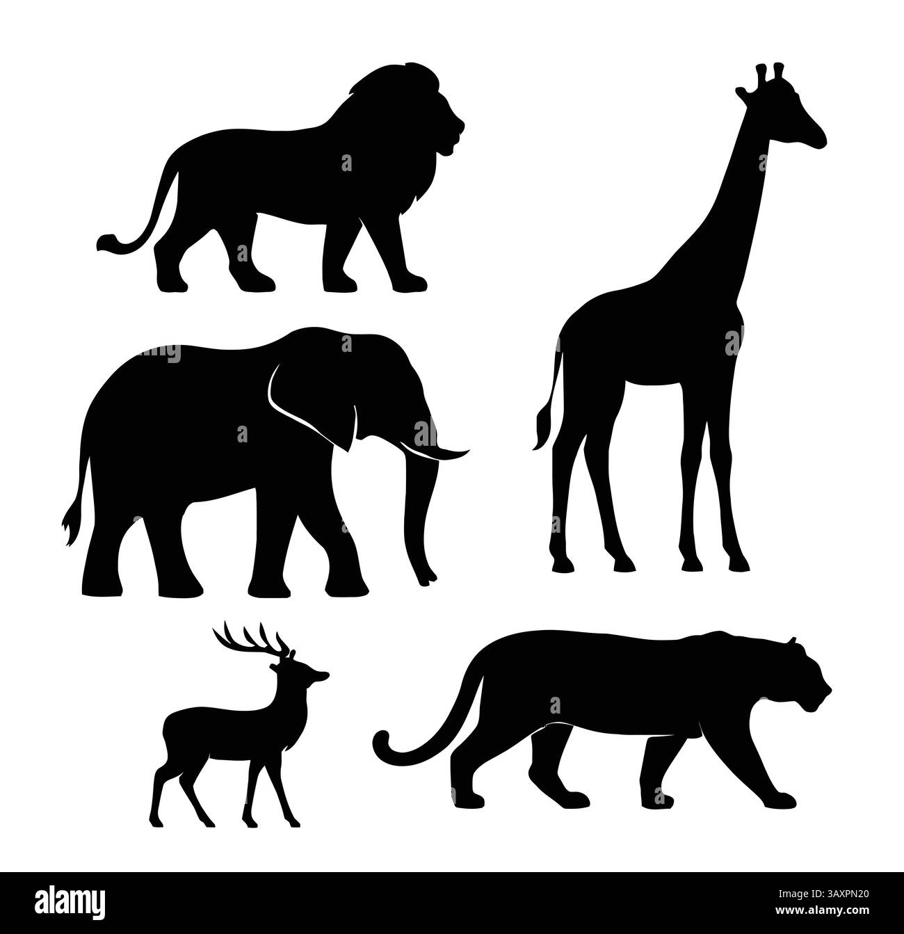 Ensemble vectoriel silhouettes d'animaux sauvages - Lion, girafe, éléphant, panthère, cerf Illustration de Vecteur