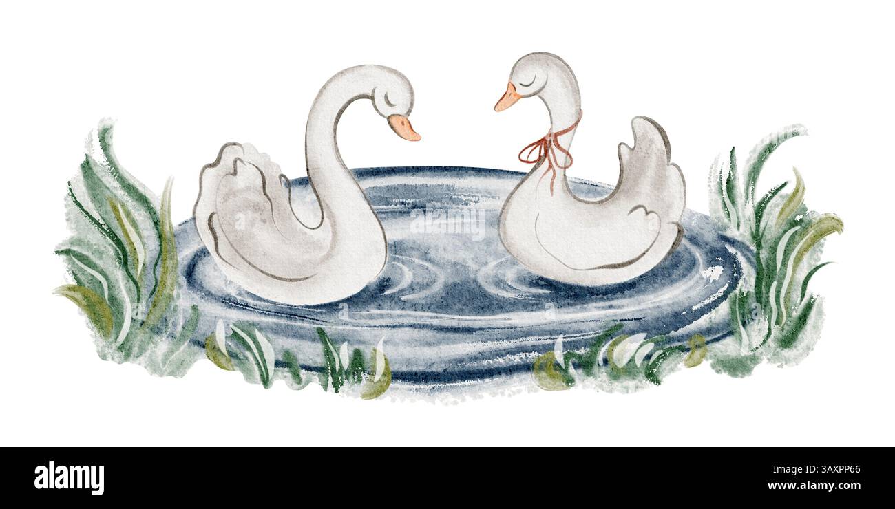 Illustration aquarelle d'une paire de cygnes flottant sur un étang serein. Les oiseaux élégants symbolisent l'amour et l'harmonie dans la nature. Conception dessinée à la main pour mariage Banque D'Images
