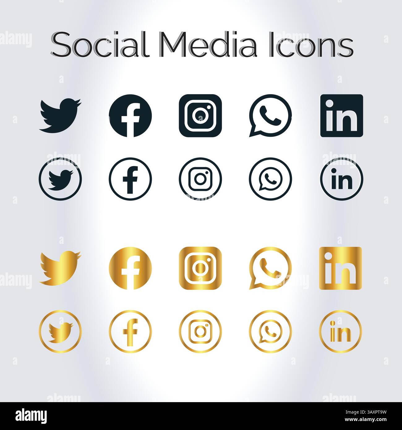 Médias sociaux iocns Noir Golden gradient avec fond bleu, icônes vectorielles Illustration de Vecteur