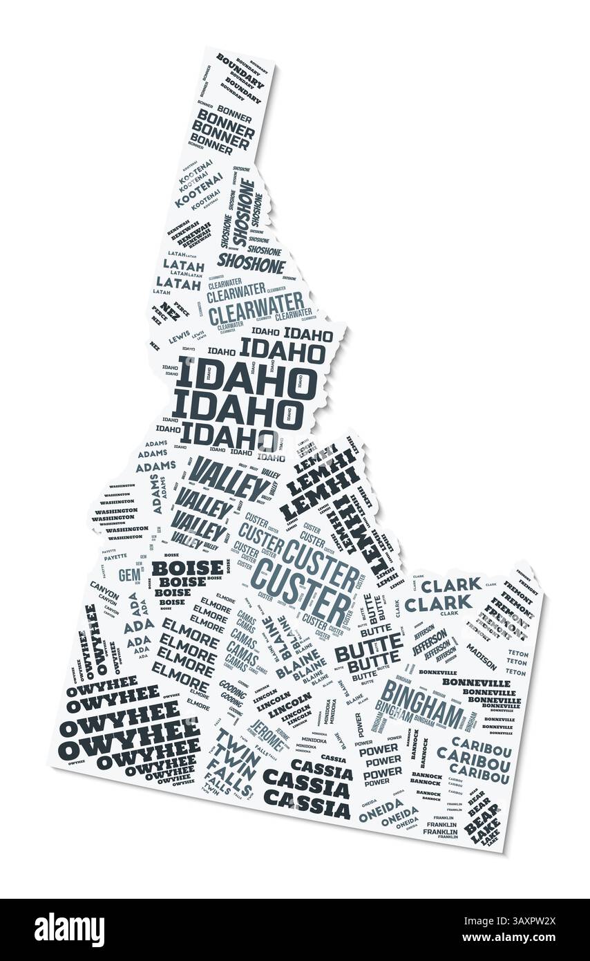 Nuage de texte de forme Idaho. Frontière d'état avec ombre sur fond blanc. Idaho avec division des comtés dans le style vintage gazette. Illustration de Vecteur