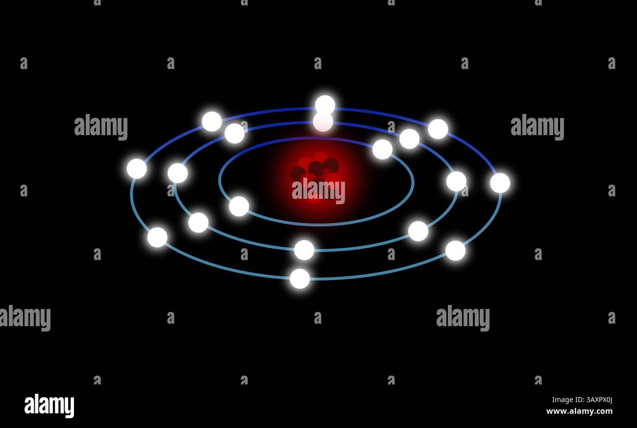 Modèle atomique montrant des électrons en orbite autour d'un noyau, modèle de Bohr avec des chemins d'électrons incandescents et un noyau incandescent rouge, structure atomique et subatomique Banque D'Images