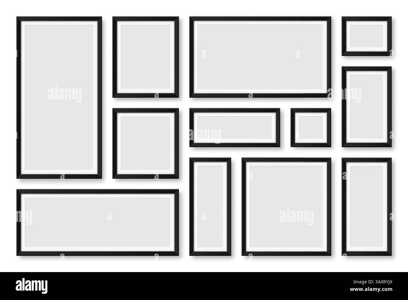 Collection de cadres photo noirs vierges réalistes. Maquette d'affiche moderne pour l'art, la photographie ou la publicité. Parfait pour les galeries d'art, intérieur Illustration de Vecteur
