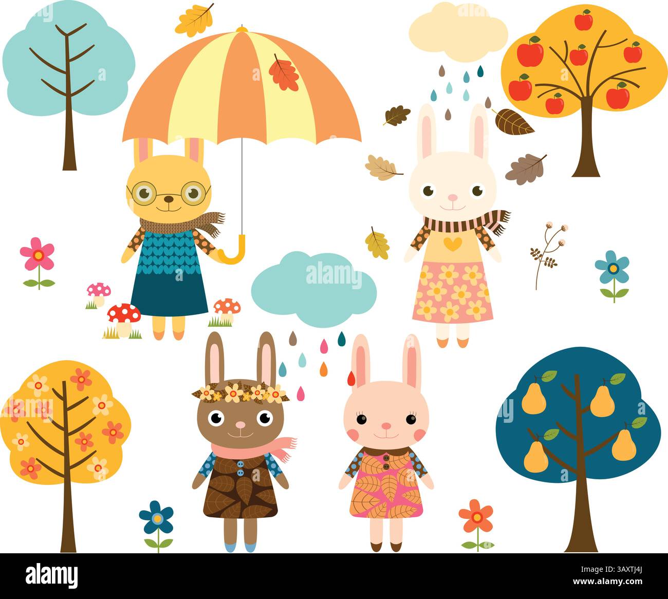 Lapins d'automne mignons, lapins vectoriels de dessin animé avec des parapluies, des arbres et des nuages avec des gouttes de pluie Illustration de Vecteur