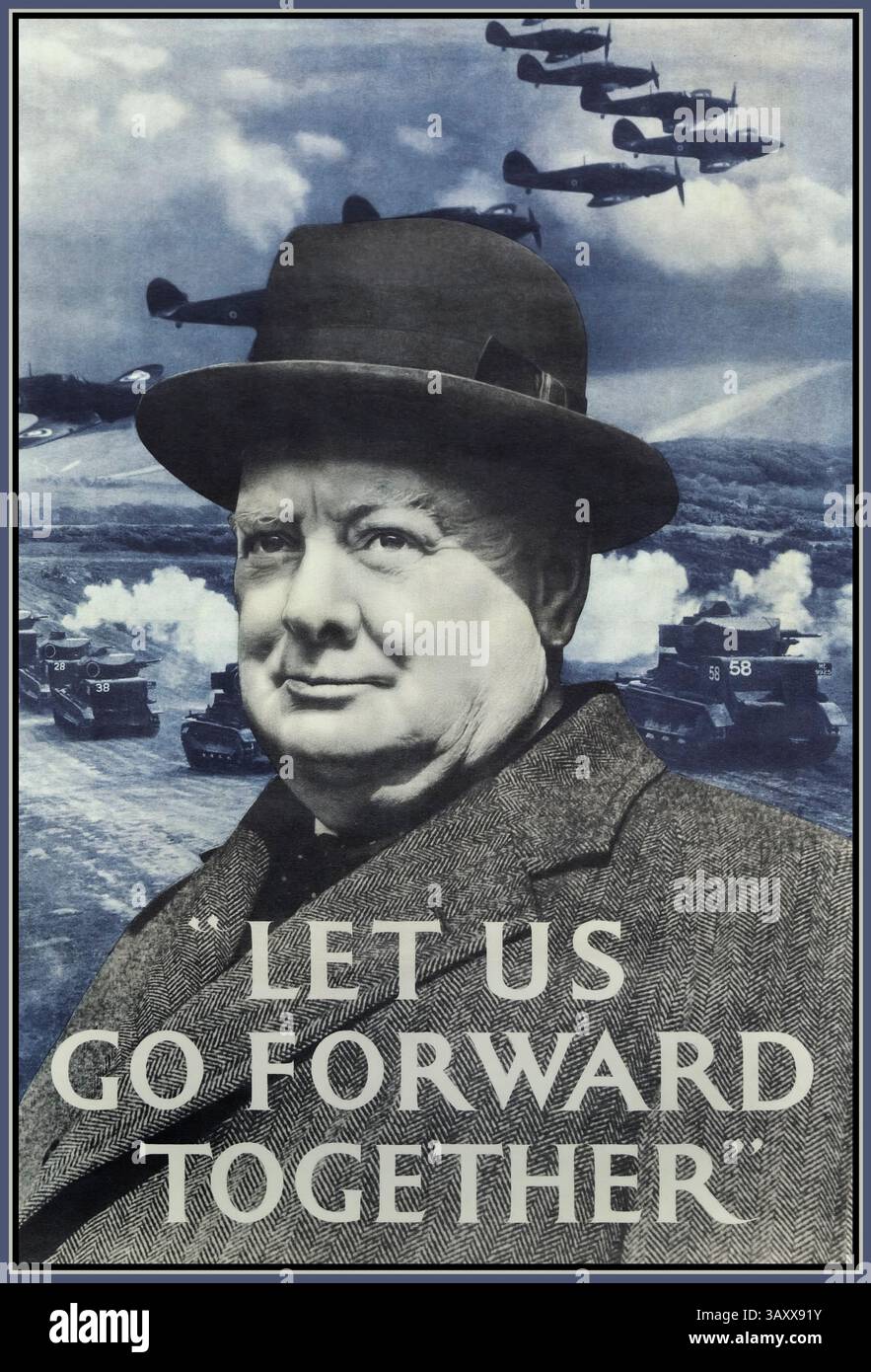 Affiche de motivation de propagande de Winston Churchill de la seconde Guerre mondiale, 1940, avec le premier ministre Winston Churchill portant son chapeau traditionnel de Homburg. La citation de Churchill : "ALLONS-nous DE L'AVANT ENSEMBLE" Un arrière-plan des chars de l'armée et des avions Spitfire de la RAF en formation de bataille. Seconde Guerre mondiale bataille d'Angleterre 1940 Banque D'Images