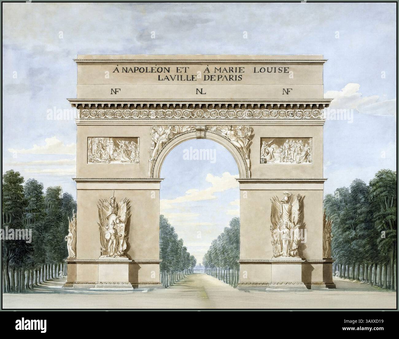 Illustration historique NAPOLÉONIENNE Arc de Triomphe (érigé à l'occasion de l'entrée à Paris de NAPOLÉON Ier et Marie Louise) façade du côté parisien : Paris France date 1811 Banque D'Images