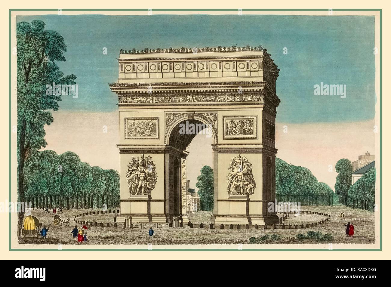 ARC DE TRIOMPHE illustration historique vintage de l’Arc de Triomphe 1800 L’Etoile et l’arc de triomphe Paris France lithographie de gravure couleur Banque D'Images