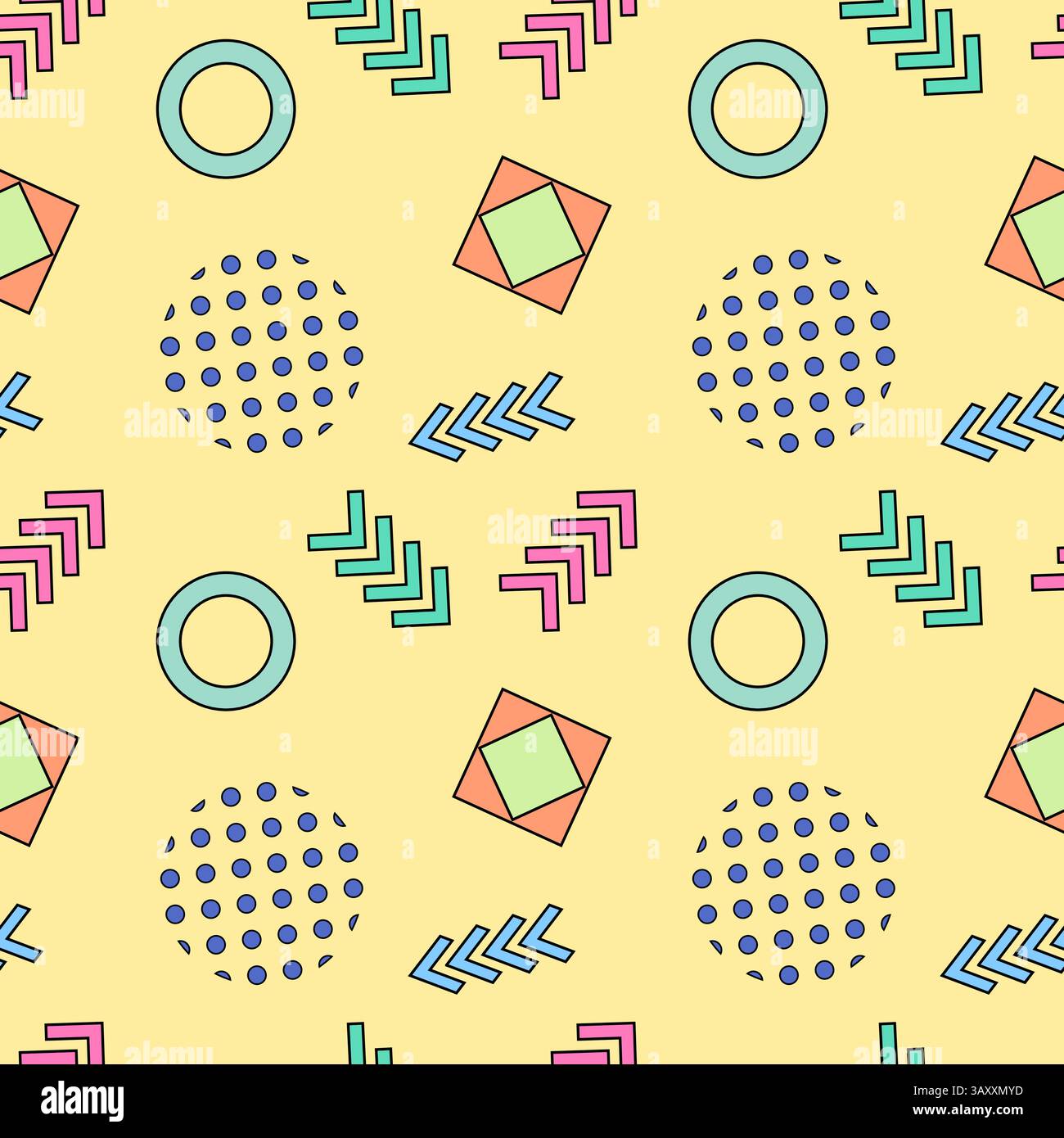 Modèle sans couture dans le style Memphis avec des formes géométriques abstraites avec des flèches, des cercles, des éléments en pointillés sur un fond jaune doux. Parfait pour t Illustration de Vecteur