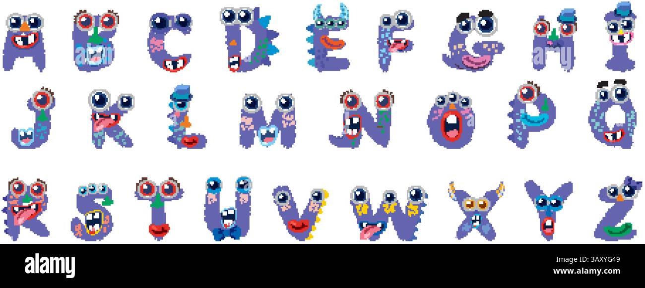 Alphabet coloré sur le thème des monstres avec des caractères fantaisistes. Des couleurs vives et éclatantes et un design ludique renforcent l'attrait visuel Illustration de Vecteur