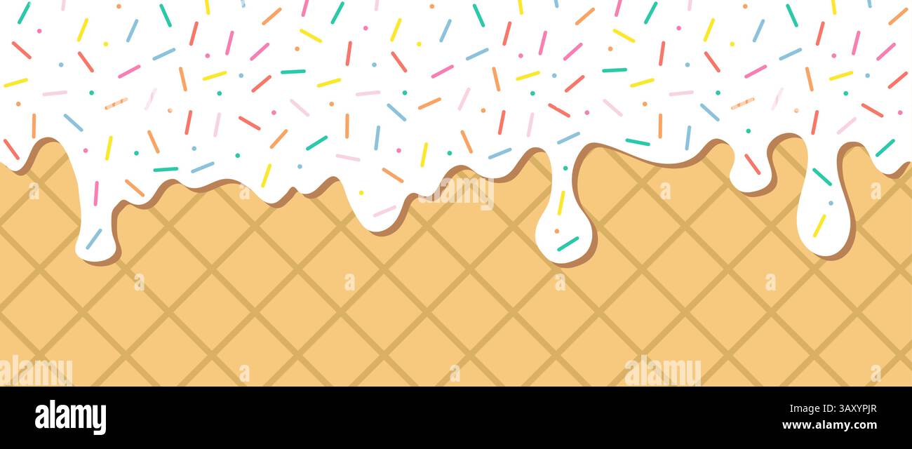 Motif simple à saupoudrer. Liquide blanc avec des saupoudres de sucre colorées qui coulent sur fond de gaufrette. Glaçage pour beignet, crème glacée ou muffins avec chute Illustration de Vecteur