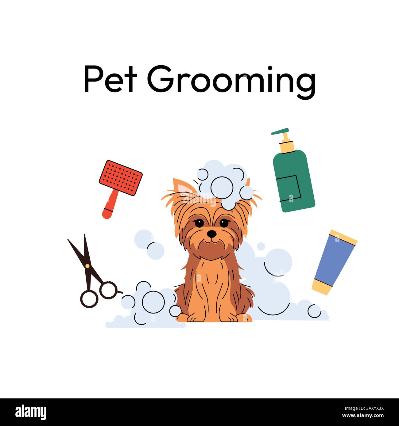 Chien Shiba Inu pendant le toilettage. Le chiot ludique est assis couvert de bulles de savon, entouré de ciseaux, shampoing et une brosse. parfait pour le soin des animaux de compagnie. Illustration de Vecteur